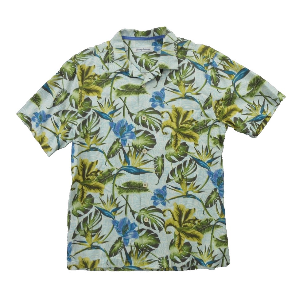 Tommy Bahama Shirt Mens Small Blue Green Silk Hawaiian Floral Button Up